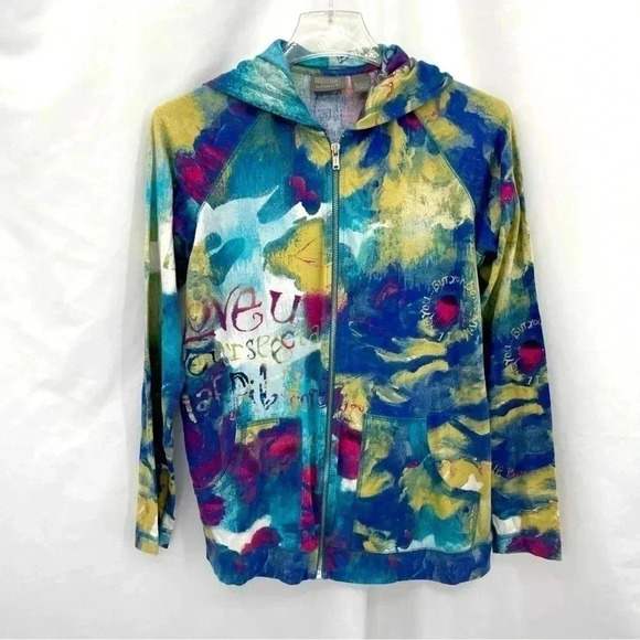 Additions by Chicos Women’s Lightweight Jacket 0 Blue Patterned Zip Up Hooded - Picture 1 of 12